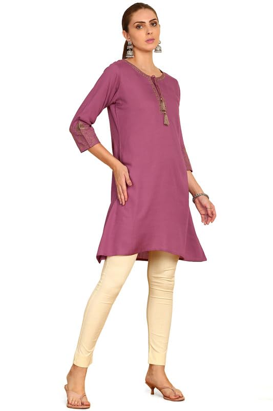 Soch WomensTie-Up Neck Rayon Slub A-Line Short Kurta with Thread Work