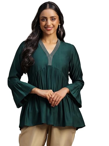 Libas WomenS Silk Blend Woven Design A-Line Kurti (29155 Green