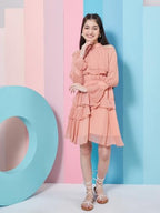 Pspeaches Girls Self Design Halter Neck Bell Sleeves Layered Ruffled A-Line Above The Knee Dress Orange Color Stylish & Trandy