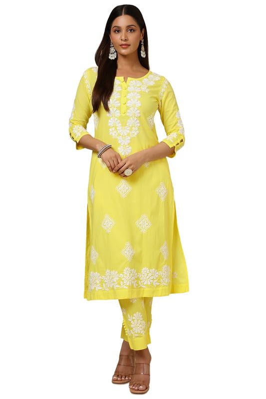 Soch Womens Yellow Cotton Blend Embroidered Kurta Set