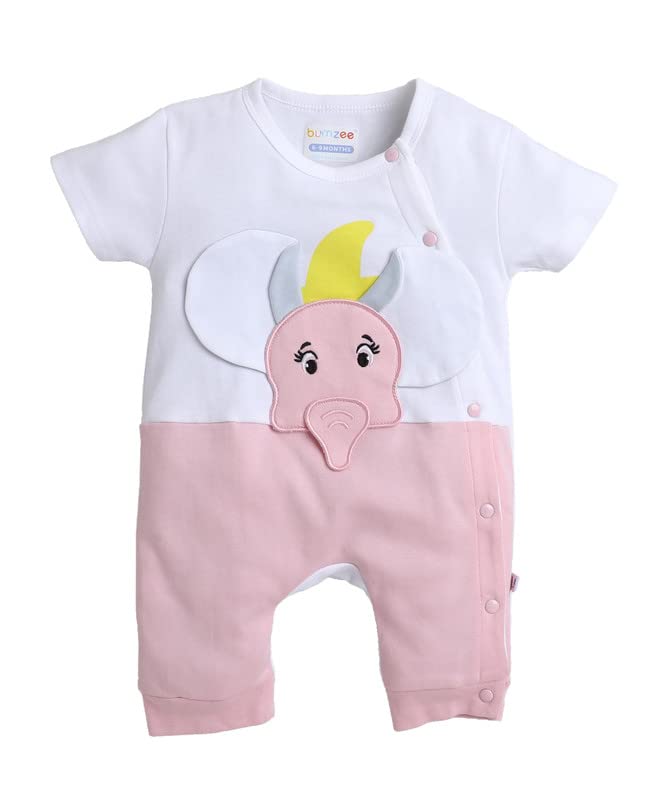 BUMZEE Off White & Pink Girls Half Sleeves Trendy Fancy Romper Age - 9-12 Months