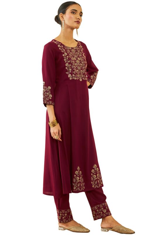 Soch Womens Maroon Rayon Floral Embroidered Round-Neck Kali Kurta Sets