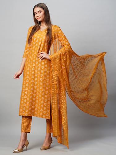 ANNI DESIGNER Womens Cotton Blend Straight Printed Kurta with Pant & Dupatta (Mohmaya Mustard_XXL_Mustard_XX-Large)
