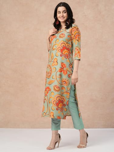 ANNI DESIGNER Womens Cotton Blend Regular Fit Straight Printed Kurta With Pant (Tinka Pista_S_Pista_Small)