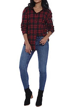 GUANYY Women's Classic Plaid Button Down Shirt - Loose Fit and Long Sleeves (Red Black Plaid, Large)