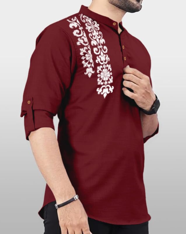 Finivo Fashion MenS Cotton Blend Kurta Style Shirt | Mandarin Collar Long Sleeve Casual Ethnic Shirt With Button Placket | Styl