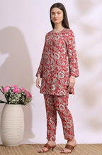 W For Woman Red Floral Printed Rayon Straight Short Kurti And Pants Co-Ord Set