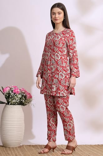 W For Woman Red Floral Printed Rayon Straight Short Kurti And Pants Co-Ord Set