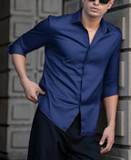 Indoprimo MenS Casual Button Down Long Sleeve Satin Plain Shirt Navy