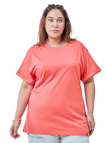 Bewakoof Womens Solid Boyfriend Fit Half Sleeve Round Neck Cotton Jersey Plus Size T-Shirt_617305_Pink_6XL