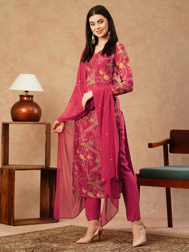 ANNI DESIGNER Womens Cotton Blend Straight Printed Kurta with Pant & Dupatta (SHOKO RED-NFB_XL_Red_X-Large)