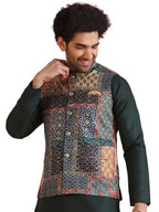 Kisah MenS Ethnic Wear Regular Fit Printed Cotton Blend Multi-Green Nehru Jacket-40