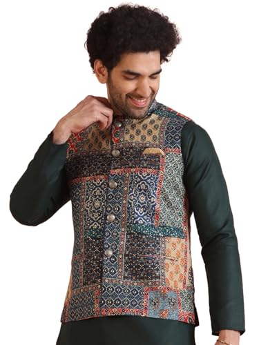 Kisah MenS Ethnic Wear Regular Fit Printed Cotton Blend Multi-Green Nehru Jacket-40