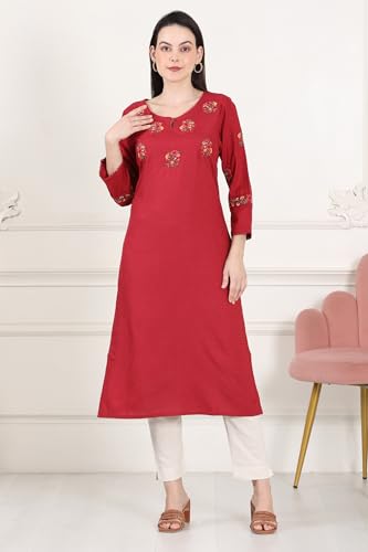 W For Woman Maroon Thread Embroidered Yoke Textured Dobby Straight Kurta