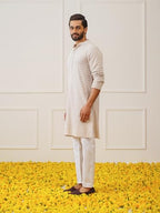 Jompers MenS Beige Sequin Embroidered Pure Cotton Kurta With Pyjamas