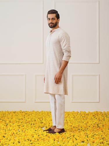 Jompers MenS Beige Sequin Embroidered Pure Cotton Kurta With Pyjamas
