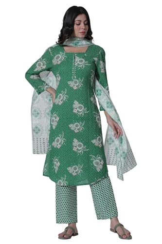 W For Woman Green Floral Printed Straight Kurta, Pants With Dupatta Set_24Onws10616-123032_L