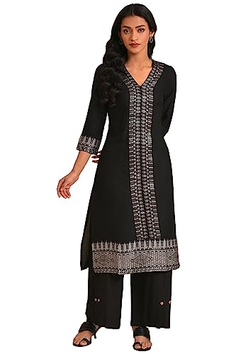 W For Woman Black Placement Print A-Line Kurta_23Few18178-312432_S