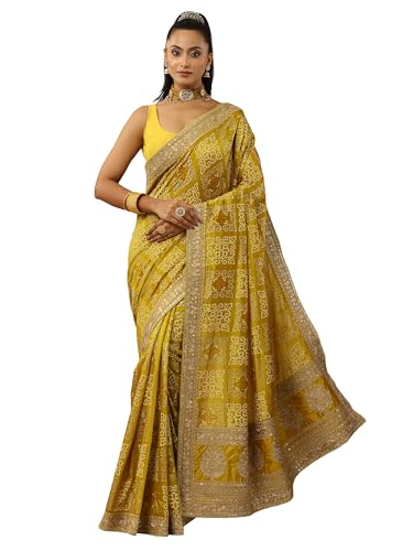 Mustard Printed Banarasi Silk Blend Saree With Unstitched Blouse Piece