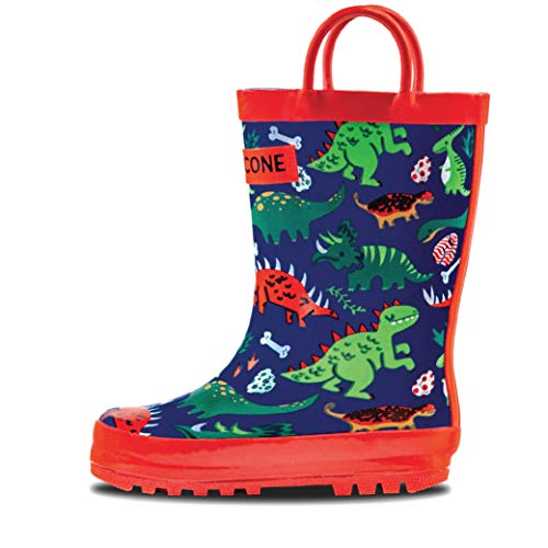 Lone Cone Rain Boots with Easy-On Handles in Fun Patterns for Toddlers and Kids, Puddle-a-Saurus Dinosaur, 10 Toddler