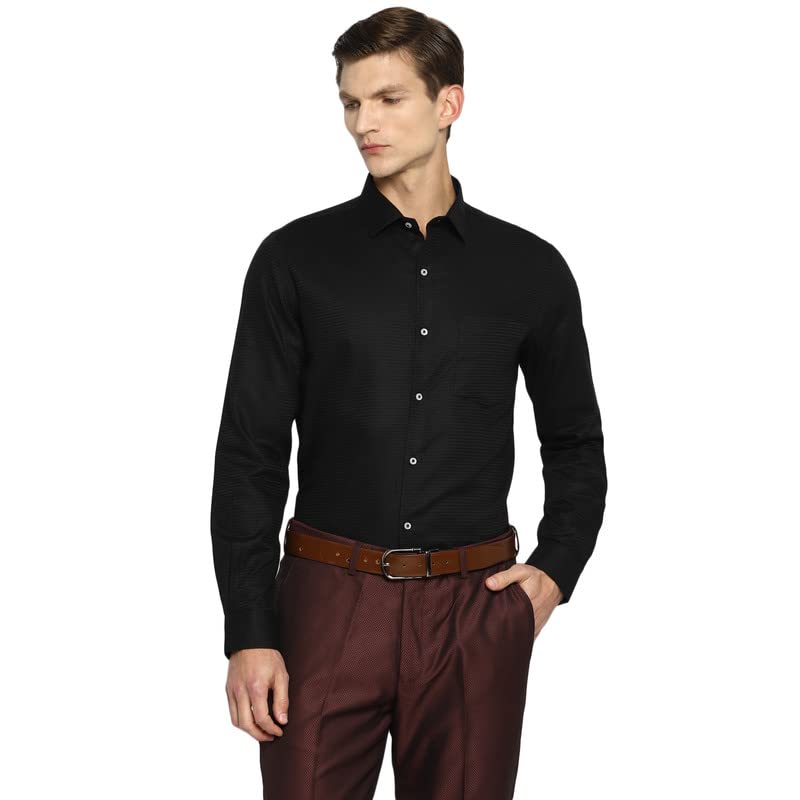 Turtle Men Black Cotton Self Design Slim Fit Shirts