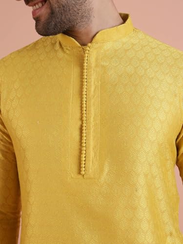 Kisah Men Light Yellow Embroidered Straight Kurta Full Sleaves, Knee Length, Straight, Regular Fit, Mandarin Collar Ethnic Wear
