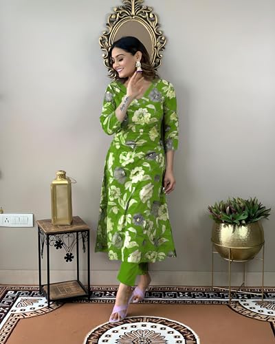 ANNI DESIGNER Womens Cotton Blend Straight Printed Kurta with Pant (DHUN Green_S_Green_Small)