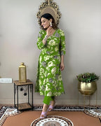 ANNI DESIGNER Womens Cotton Blend Straight Printed Kurta with Pant (DHUN Green_S_Green_Small)
