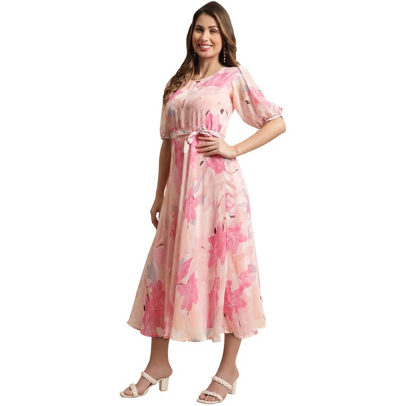Preneum Women Fit & Flare Latest Style Print Georgette Regular Sleeves Casual Summer Maxi Dress | Festival & Occasion, Rose Pink