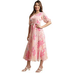 Preneum Women Fit & Flare Latest Style Print Georgette Regular Sleeves Casual Summer Maxi Dress | Festival & Occasion, Rose Pink
