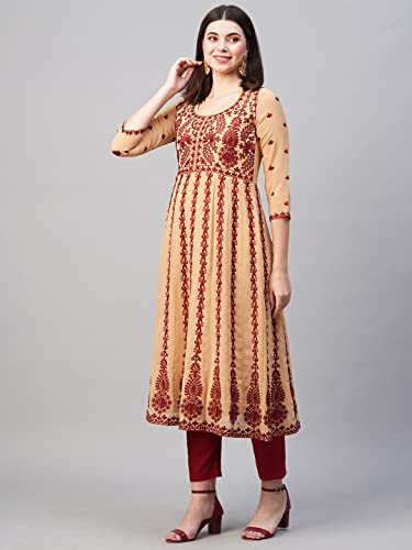 ANNI DESIGNER Womens Georgette Chikankari Embroidered Anarkali Kurti (NAAV-Beige-SM_M_Beige_Medium)