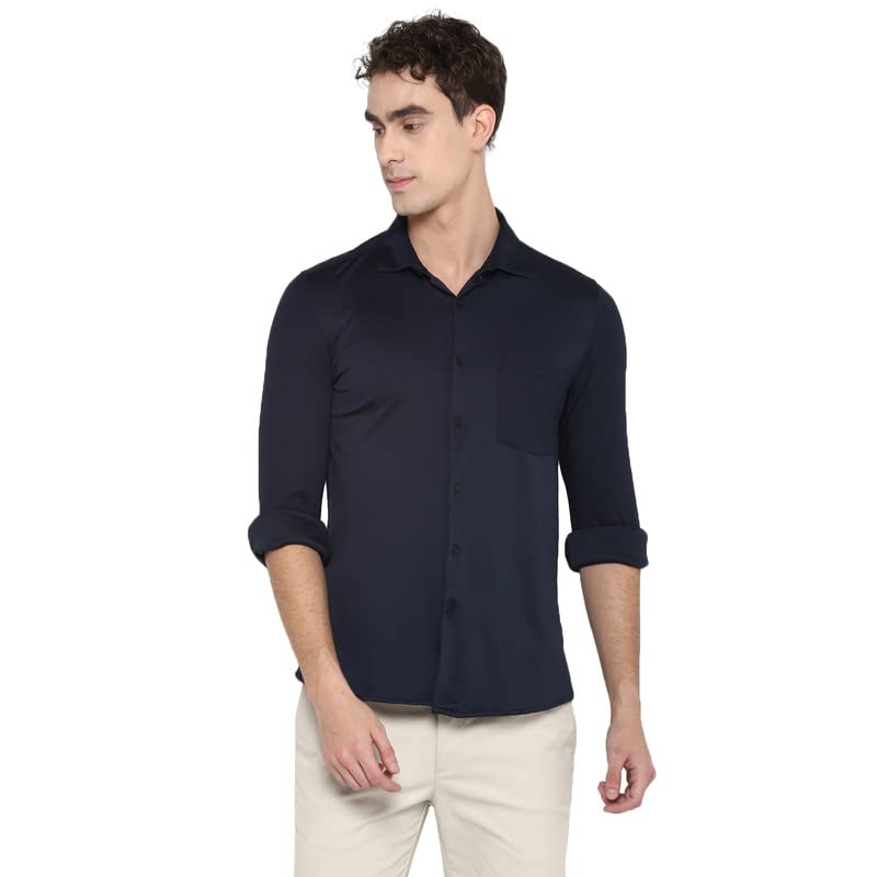 Turtle Men Navy Blue Polyester Solid Slim Fit Shirts