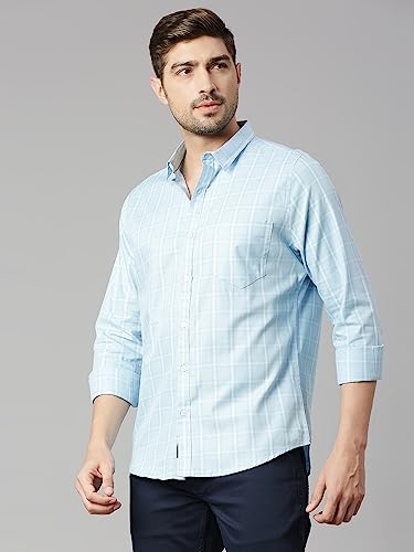 Thomas Scott Mens Checkered Slim Fit 100% Cotton Casual Shirt with Spread Collar and Long Sleeve Light Blue