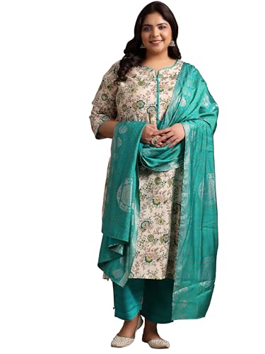 Extra Love By Libas Plus Size Womens Printed Silk Blend Straight Kurta With Trousers And Dupatta