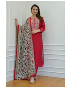 ANNI DESIGNER Womens Cotton Blend Straight Embroidered Kurta with Pant & Dupatta (Sanju Red_S_Red_Small)