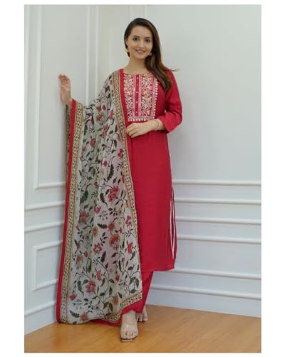 ANNI DESIGNER Womens Cotton Blend Straight Embroidered Kurta with Pant & Dupatta (Sanju Red_S_Red_Small)