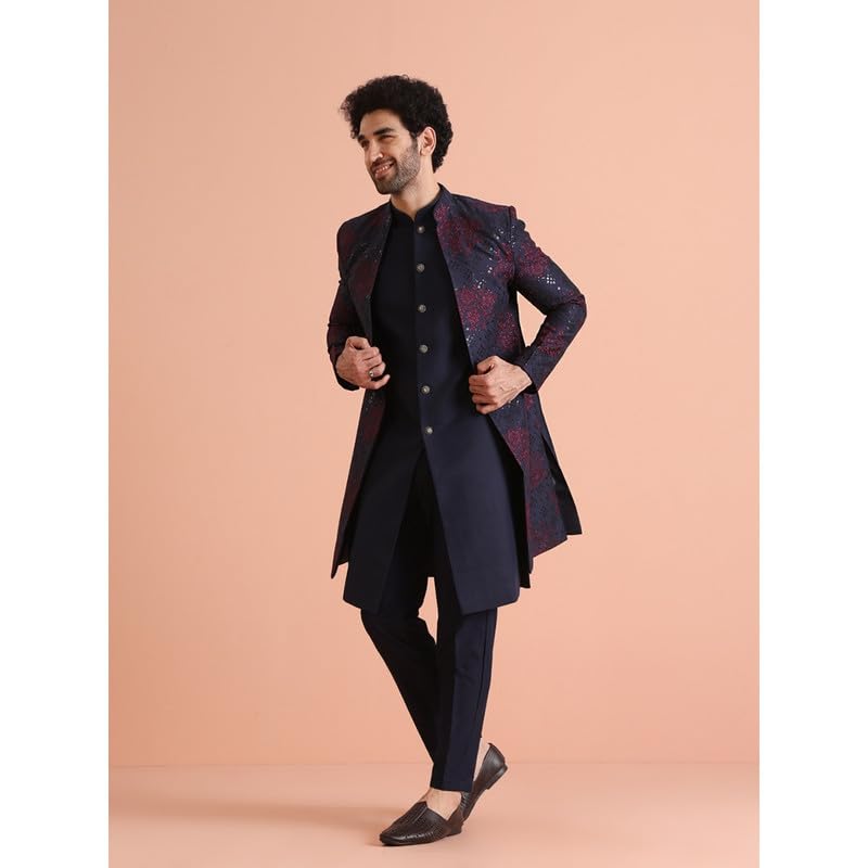 Kisah Mens Jacket Sherwani Trouser Set|Silk Blend Fabric Jacquard Pattern Indo-Western Sherwani With Waistcoat And Trouser Set|R