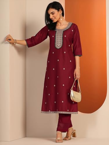 Libas WomenS Silk Embroidered Straight-Fit Kurta (29840_Maroon