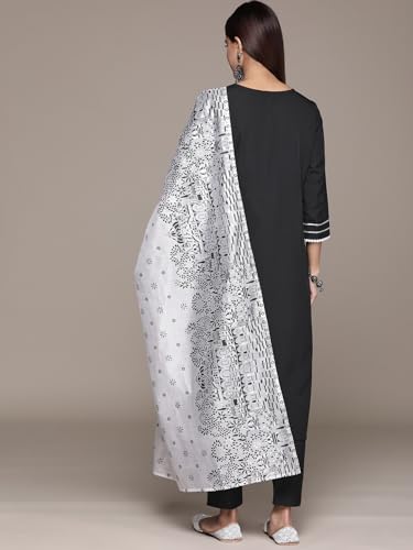 Ziyaa Women Women'S Black Crepe Straight Kurta, Pant And Dupatta Set