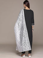 Ziyaa Women Women'S Black Crepe Straight Kurta, Pant And Dupatta Set