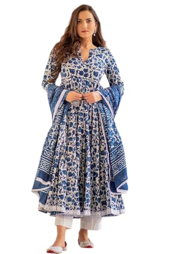 Flosive Blue Rayon Cotton Anarkali Kurti Set (In, Alpha, M, Regular, Standard, Blue)