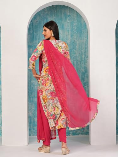 ANNI DESIGNER Womens Cotton Blend Printed Straight Kurta with Pant & Dupatta (Ruth Pink-NW_L_Pink_Large)