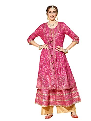 Ishin Women'S Cotton Pink Embroidered Anarkali Kurta Set With Jacket