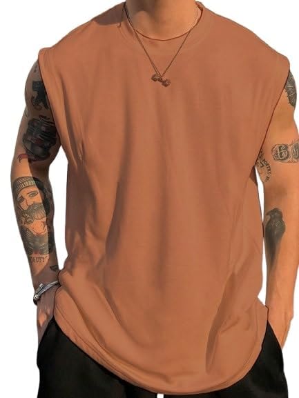 Netclick MenS Sleeveless Round Neck Polycotton Tank Top Vest For Gym, Running And Outdoor Coffee 2