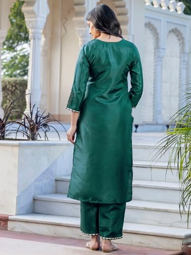 Sanisa Women'S Silk Blend Embroidery And Sequins Work Straight Kurta With Pant And Dupatta Set