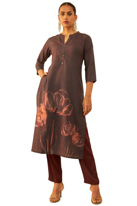 Soch Women Muslin Blend Placement Floral Print Straight Kurta with Pocket