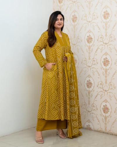 ANNI DESIGNER Women s Anarkali Viscose Kurta with Trousers and Dupatta, Mehandi, M