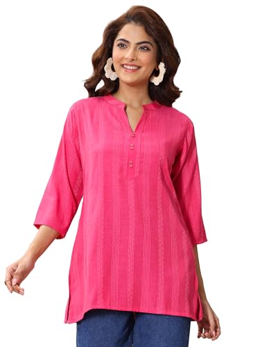 Libas Womens Woven Design Cotton Blend Straight Kurti For Women Pink