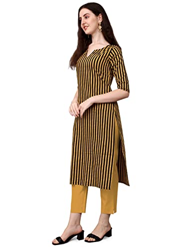 LookMark Womens Yellow and Black Striped Cotton Blend Straight Stitched Kurta