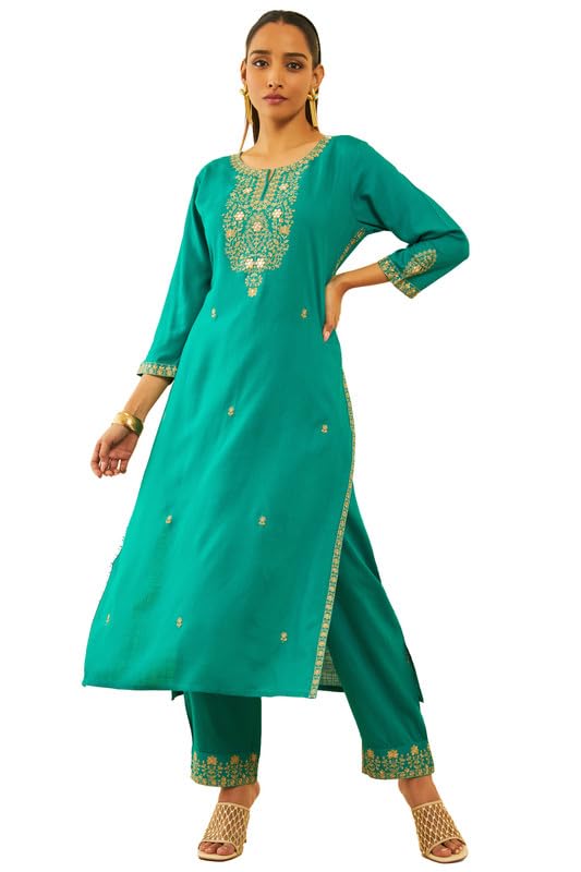 Soch Women Rayon Slub Embroidered Kurta Set with Faux Mirror